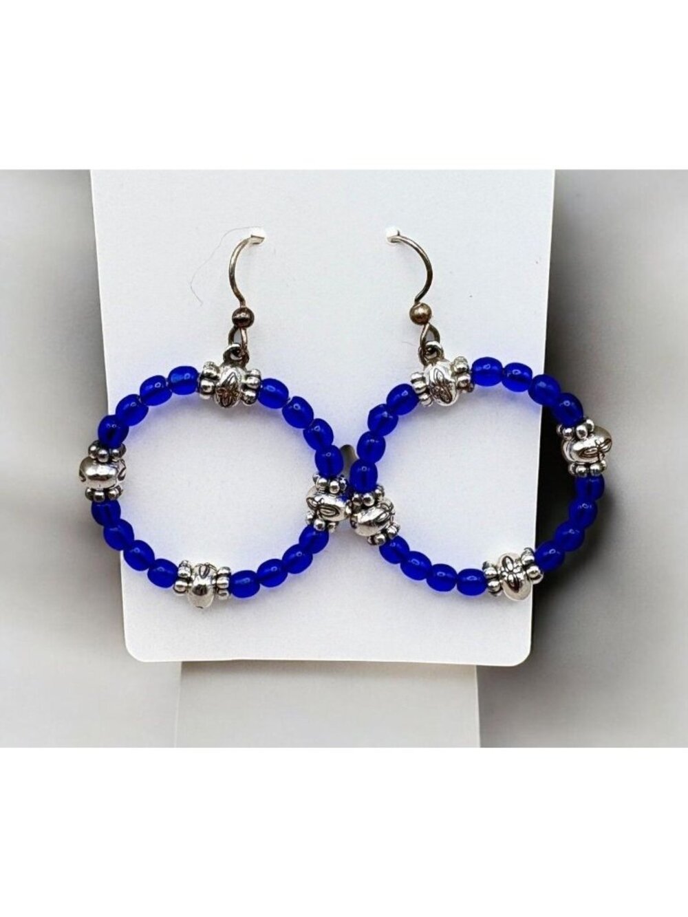 Cobalt Blue Beaded Hoop Earrings Silver Accents Boho Elegant Round